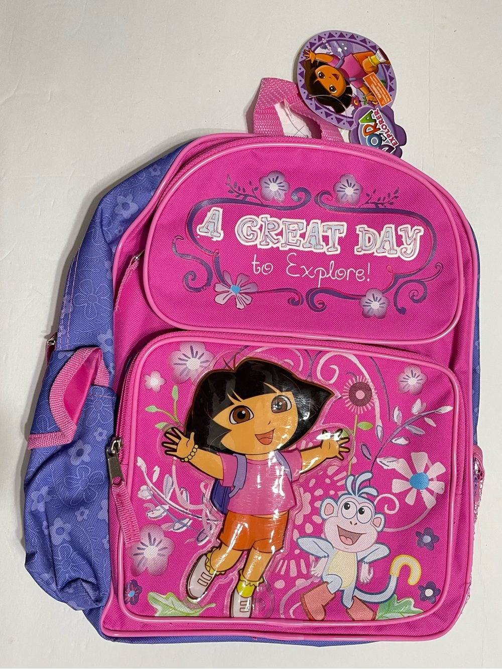 Dora the Explorer Girls Medium Pink/Purple Floral Backpack 14”x10” ,New!